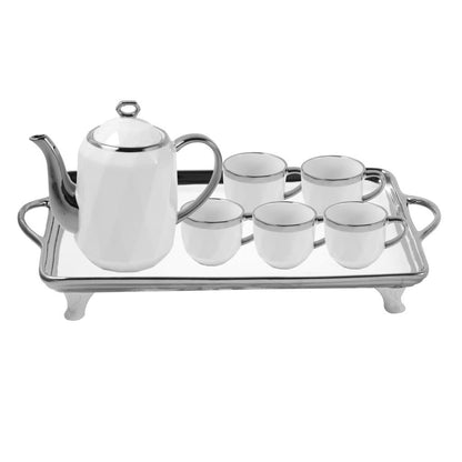 Ceramic Tea Cup and Saucer Set of 8 pcs with Teapot and Tray White Silver Pot 1100 ml Cup 200 ml