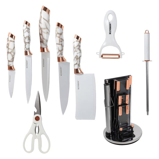 Premium Quality Stainless Steel Chef Kitchen Knife Set of 9 Pcs With Knife Stand White Marble Coating 33 cm