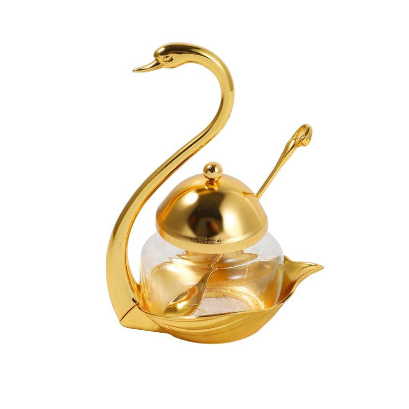 Stainless Steel Gold Swan Condiment Jar with Spoon - 15.5 cm - Classic Homeware and Gifts.