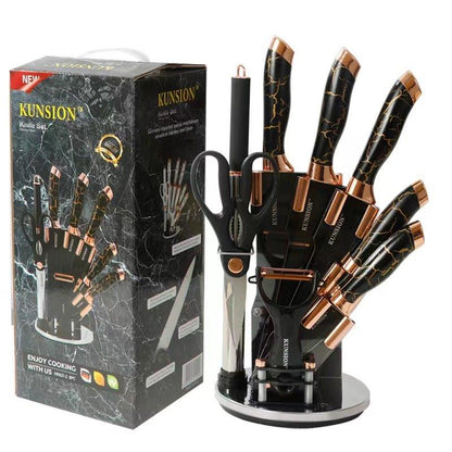 Premium Quality Stainless Steel Chef Kitchen Knife Set of 9 Pcs With Knife Stand Black Marble Coating 33 cm
