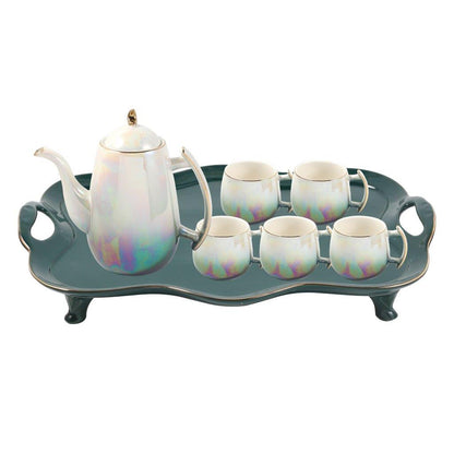 Ceramic Tea Cup and Saucer Set of 8 pcs with Teapot and Tray Turquoise Pearl Pot 1100 ml Cup 200 ml