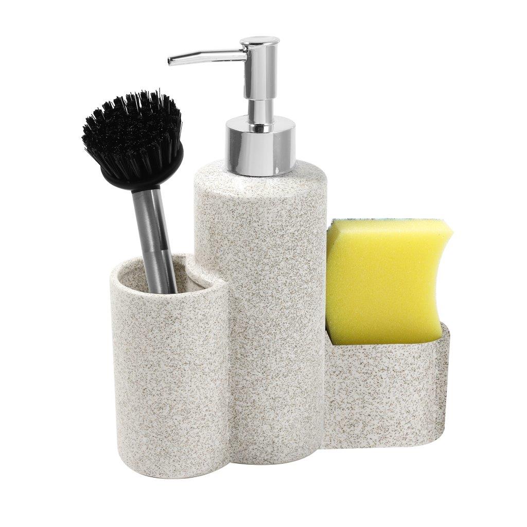 Ceramic Kitchen Soap Dispenser with Sponge and Dishwashing Brush 11*5.5*21 cm