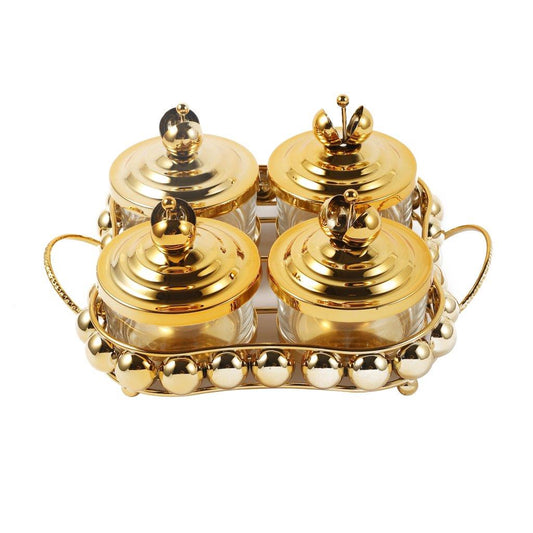Gold Crystal Glass Candy Jar Canisters Set of 4 with Tray 27*22*12 cm