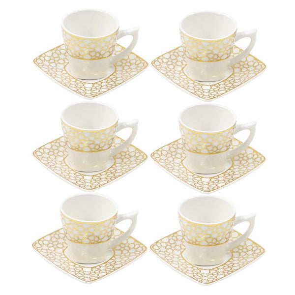 Royal Cream Abstract Print Ceramic Coffee Cup & Saucer Set of 6 Pcs