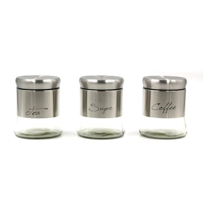 Stainless Steel Plastic Glass Base Canister Tea Sugar Coffee Set of 3 13.5*10 cm