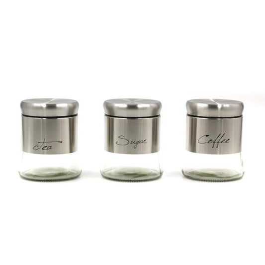 Stainless Steel Plastic Glass Base Canister Tea Sugar Coffee Set of 3 13.5*10 cm